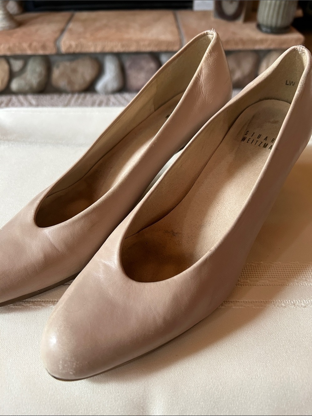 Stuart Weitzman Nude Low Block Heel Pump, Size 7